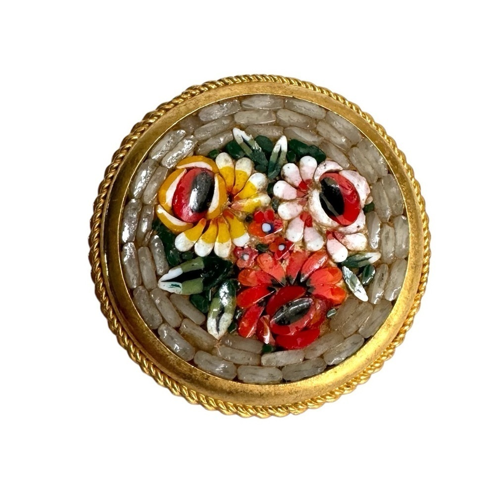 Vintage Floral Mosaic Brooch Rose Floral Pin Signed Italy Italian Florentine